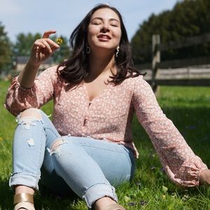 Pink and White Floral Bohemian Long Sleeve Top Size M/L